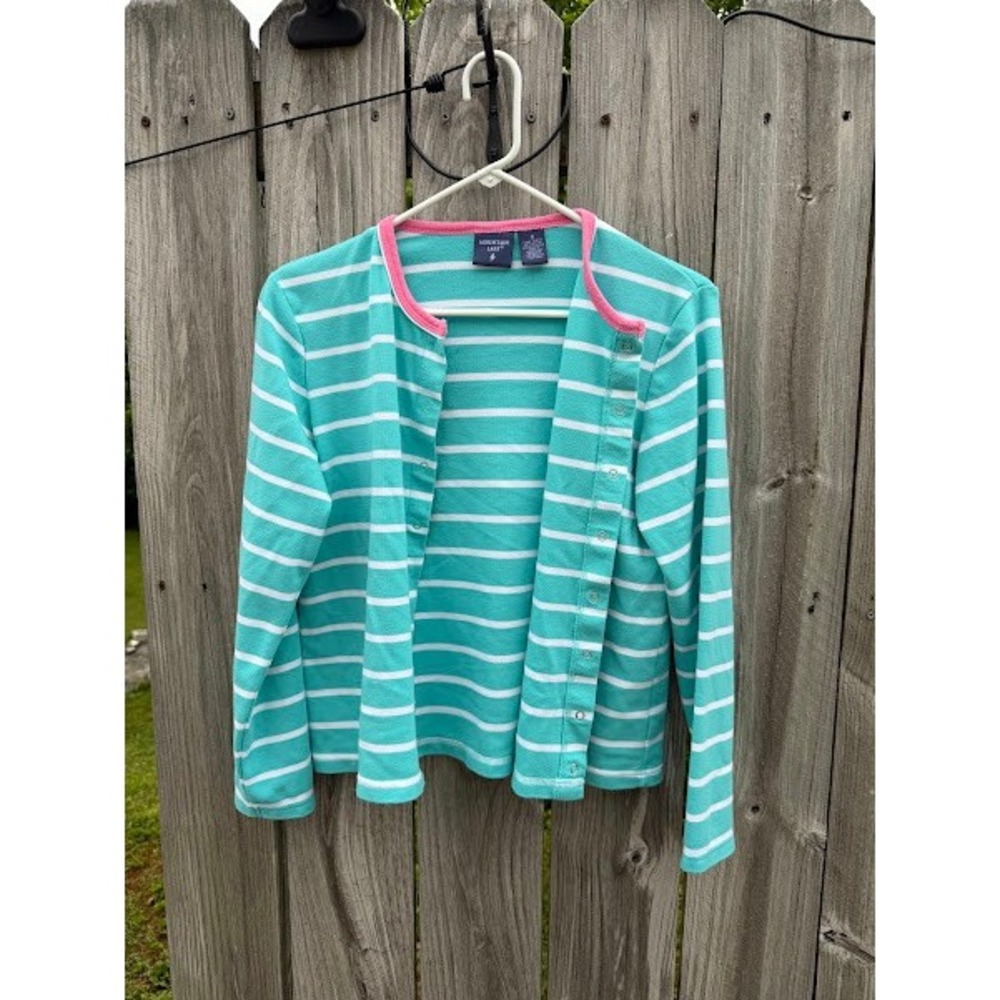 Striped Snap Front‎ Mountain Lake Cardigan Womens Small Turquoise Pink Trim